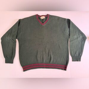 Vintage Eddie Bauer Olive Green V-Neck Sweater with Red Trim